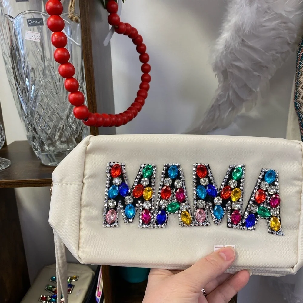 Colorful Gemstone Embellished Cream Clutch